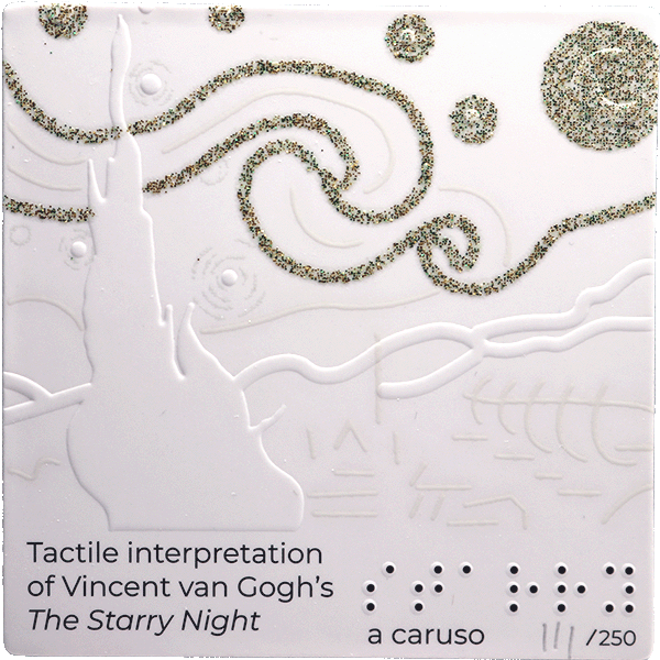 This is a tactile representation of Vincent Van Gogh's Starry Night. A mountain stands in front of swirling wind and clouds, the stars shine with small strokes of thick paint. A village is in the foreground with rolling hills. Van Gogh used many small strokes of thick paint to form the painting. The resulting image is a very stylized view of the scene. The swirling clouds are probably the most present feature of the scene. The mountain is in dark contrast to the blues and whites of the clouds and night sky. The moon shines bright in an exaggerated crescent.